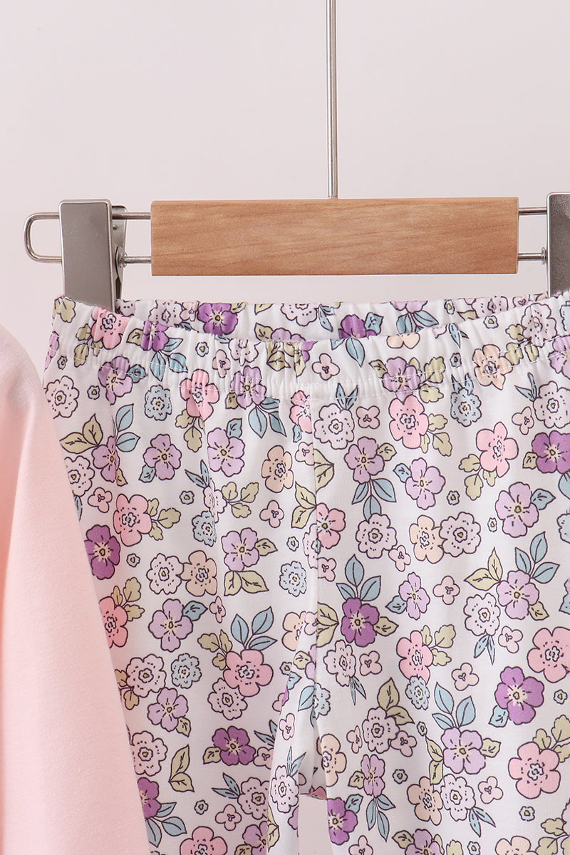 Pink floral bow applique pants set