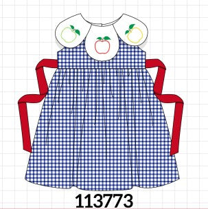 Navy Apple Embroidered Gingham Dress