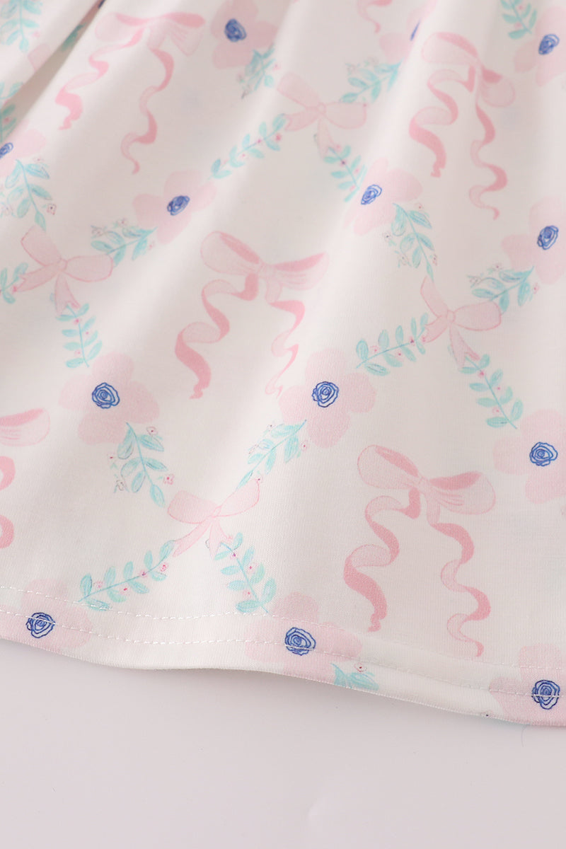 Pink floral bow print ruffle pants set