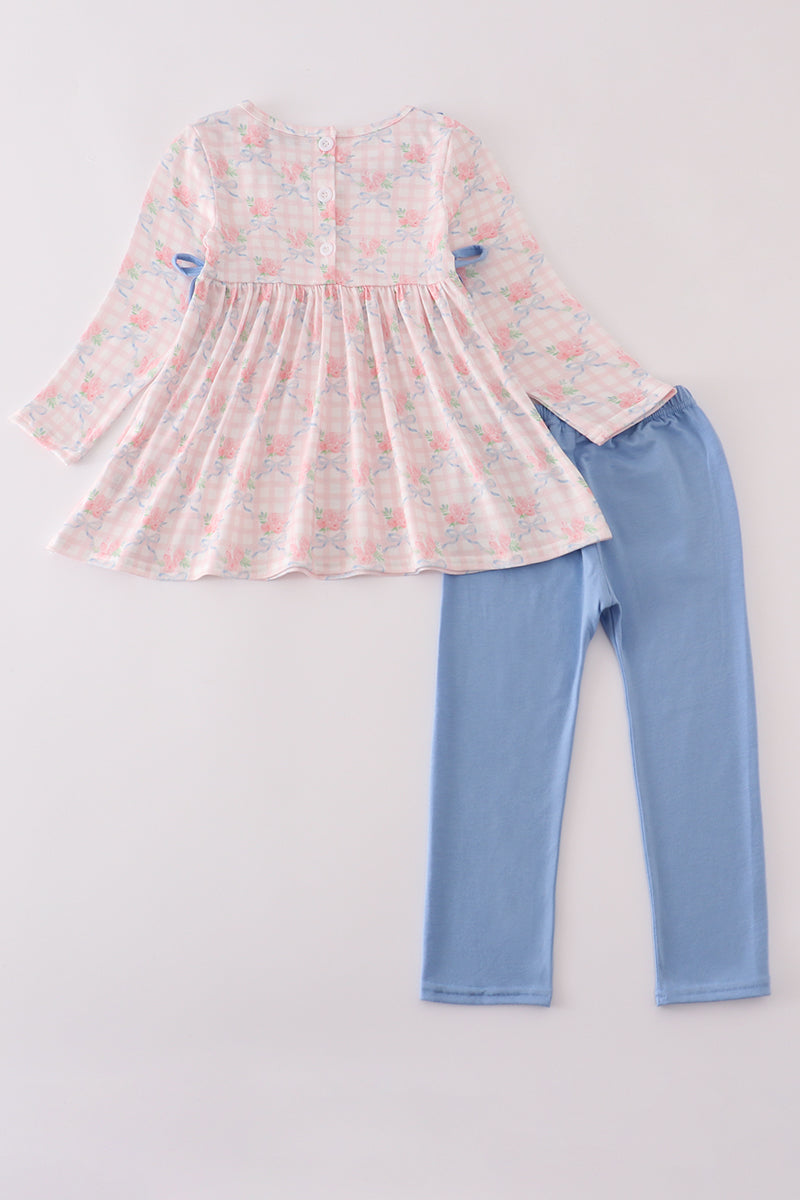 Pink floral print ruffle bow pants set