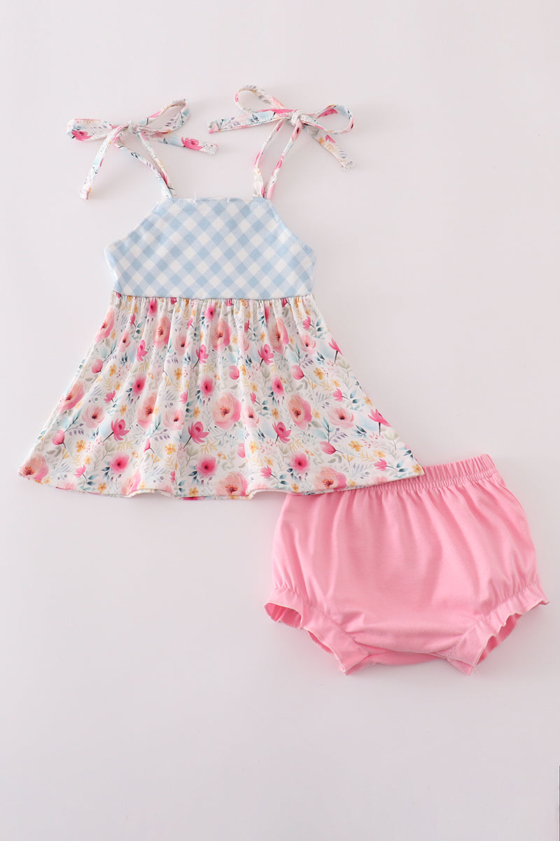 Pink floral print strap bloomer set
