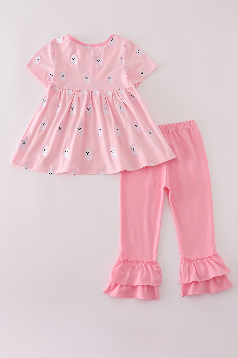 Pink ghost embroidery ruffle pants set
