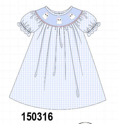 Blue ghost embroidery gingham dress