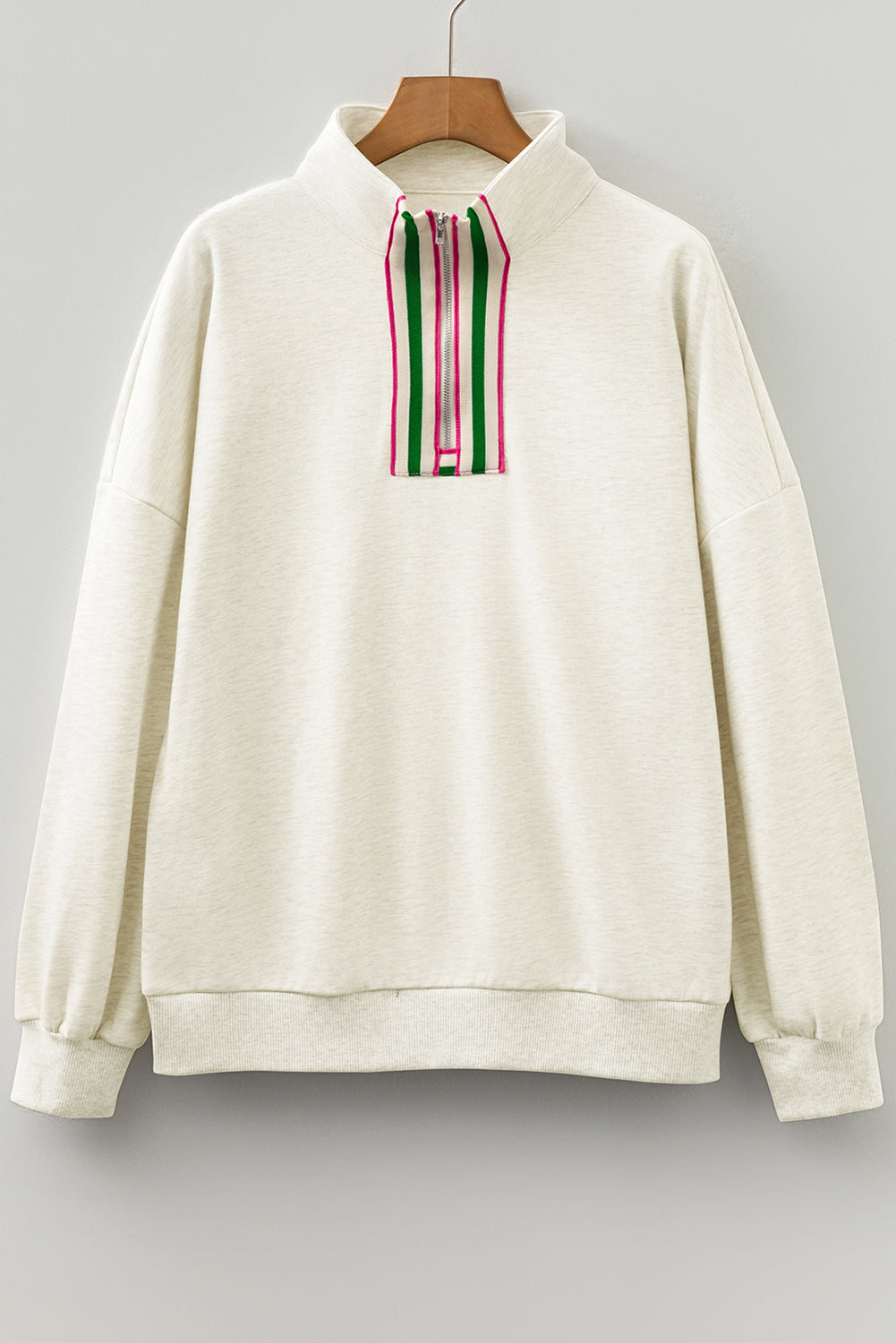 Light Grey Contrast Striped Patchwork Zip Collar Pullover Sweatshirt