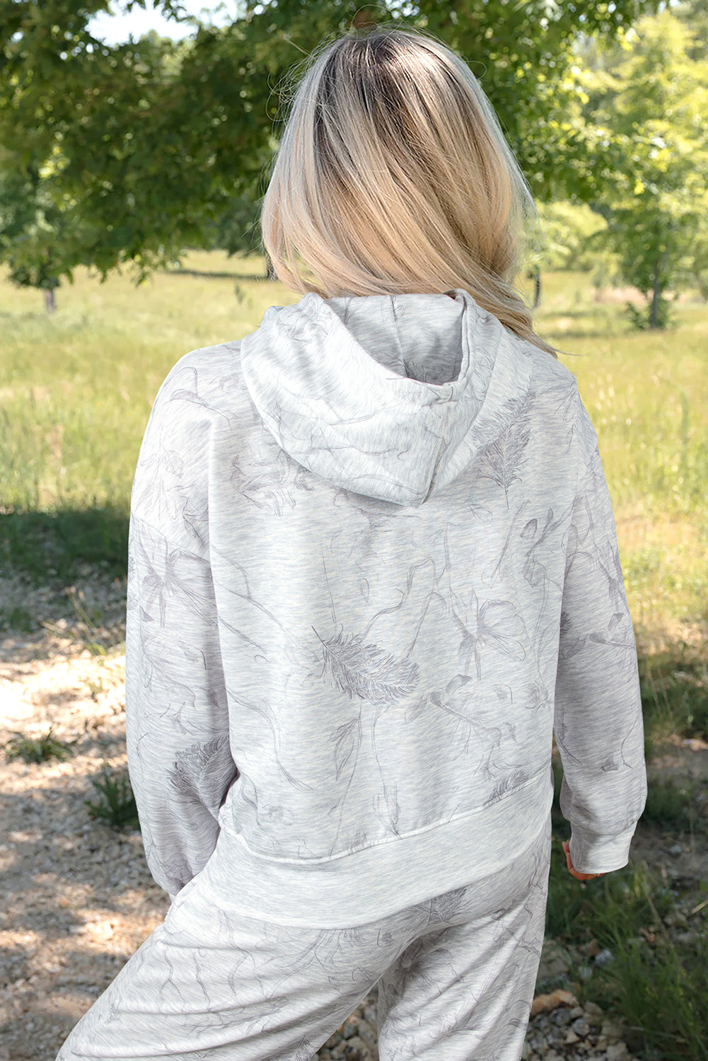 Light Grey Abstract Print Loose Drop Sleeve Hoodie Elastic Waistband 2pcs Pant Set