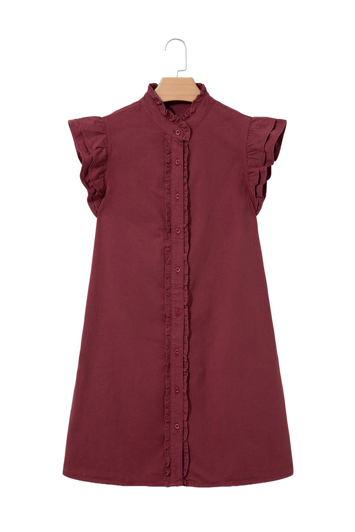 Red Sandalwood Frilled Detail Button Down Ruffle Short Sleeve Denim Mini Dress