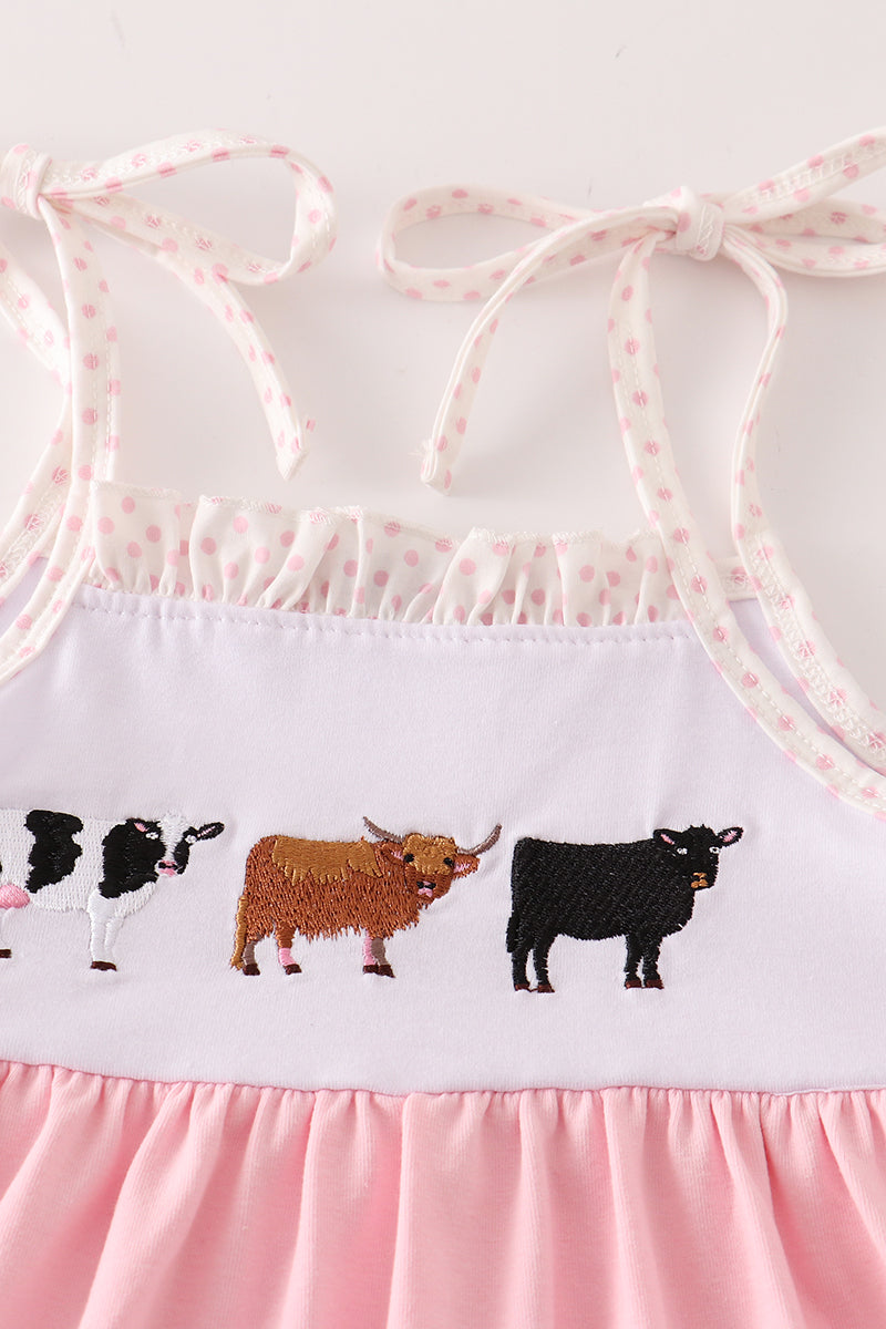 Pink cow embroidery dress