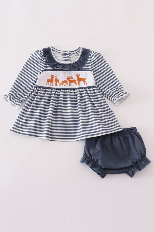Navy stripe deer embroidery bloomer set