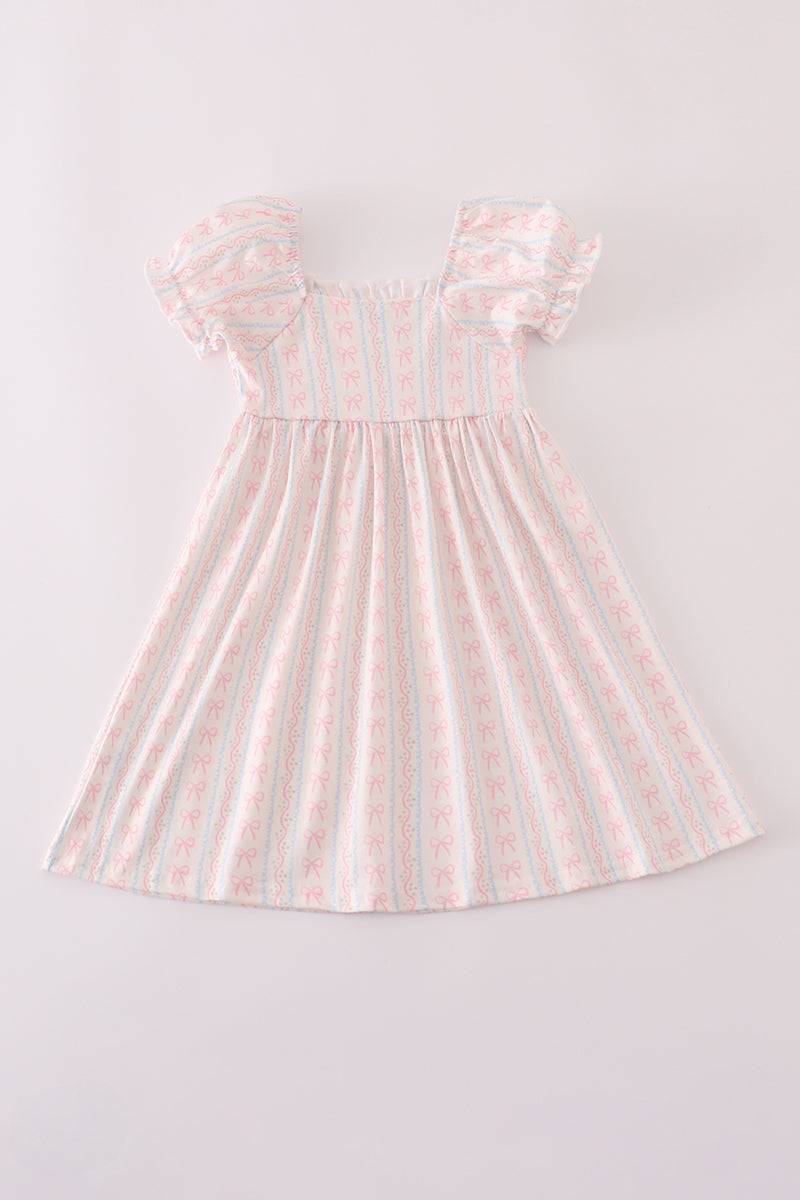Pink bow embroidery smocked dress