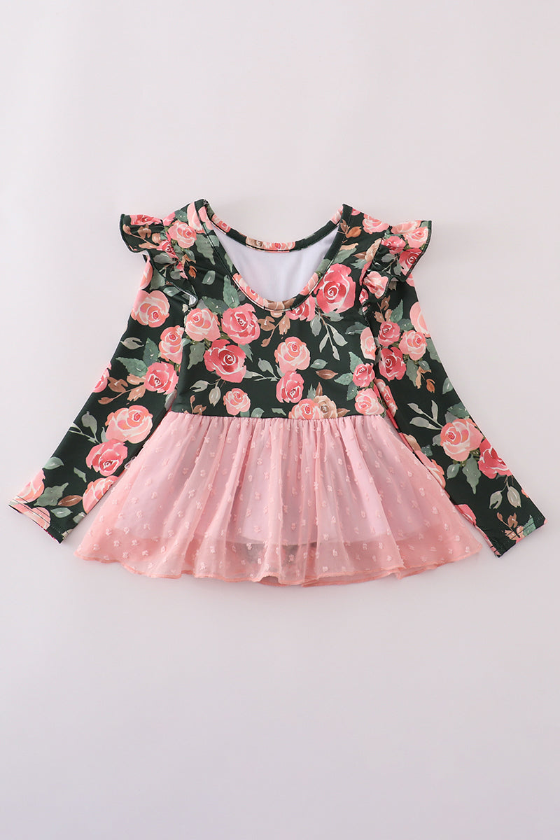 Pink floral swiss dot leotard