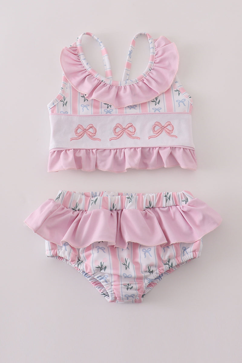 Pink bow embroidery 2pc swimsuit set UPF50+