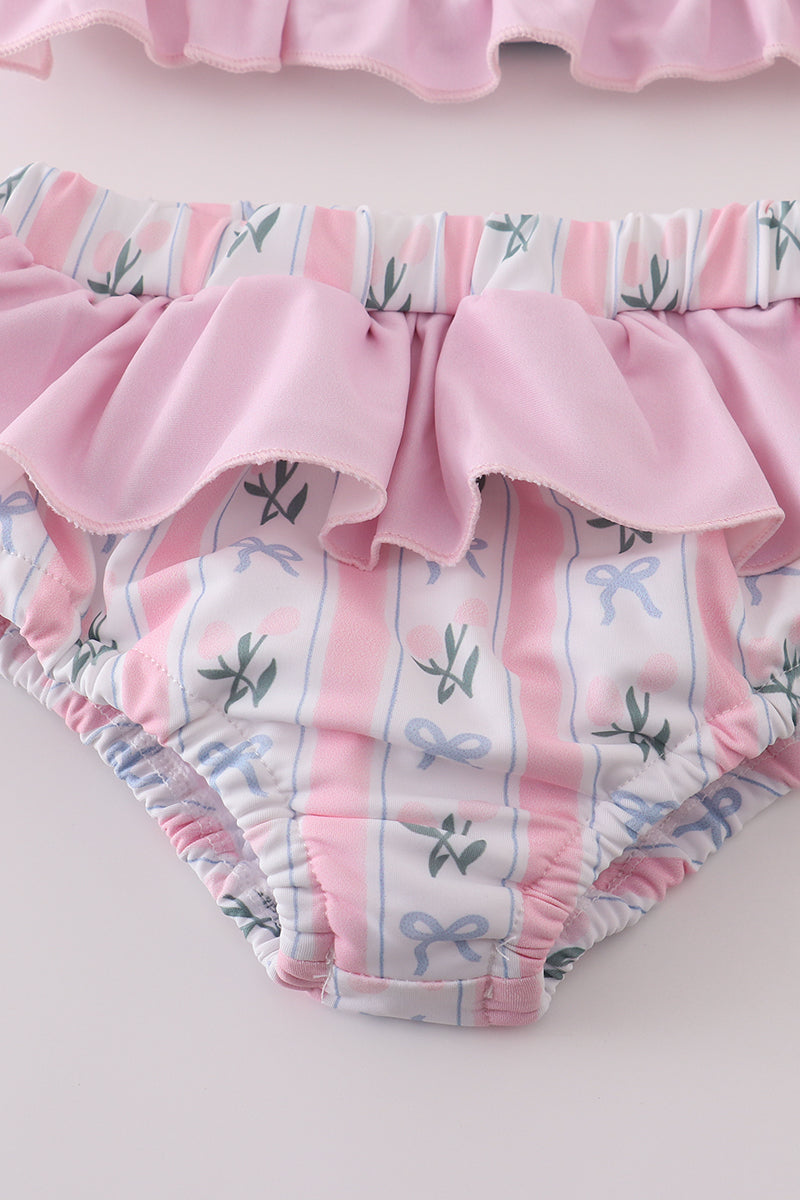 Pink bow embroidery 2pc swimsuit set UPF50+