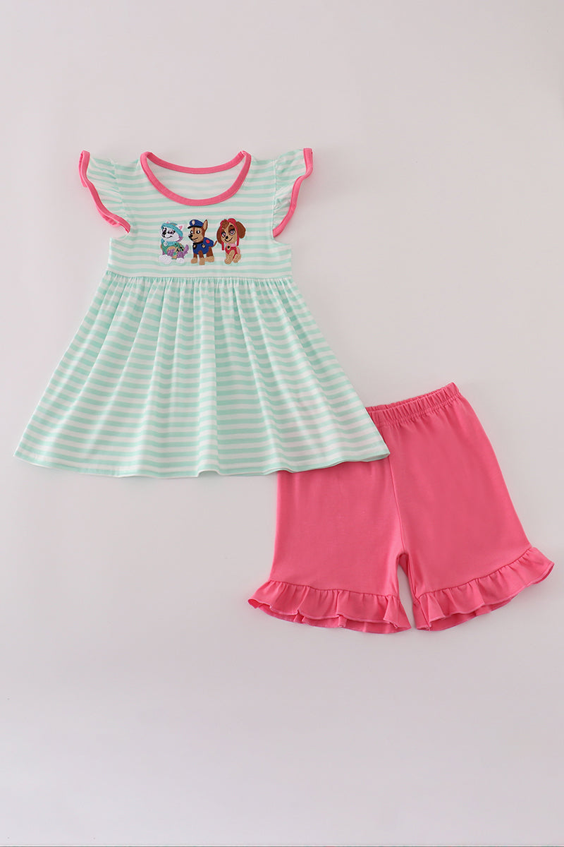 Pink character applique stripe shorts set