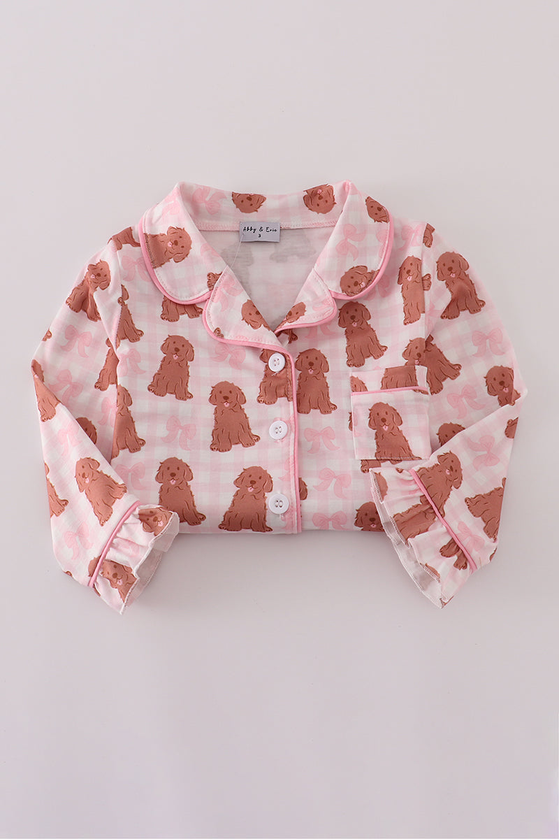 Pink puppy bow print ruffle pajamas set