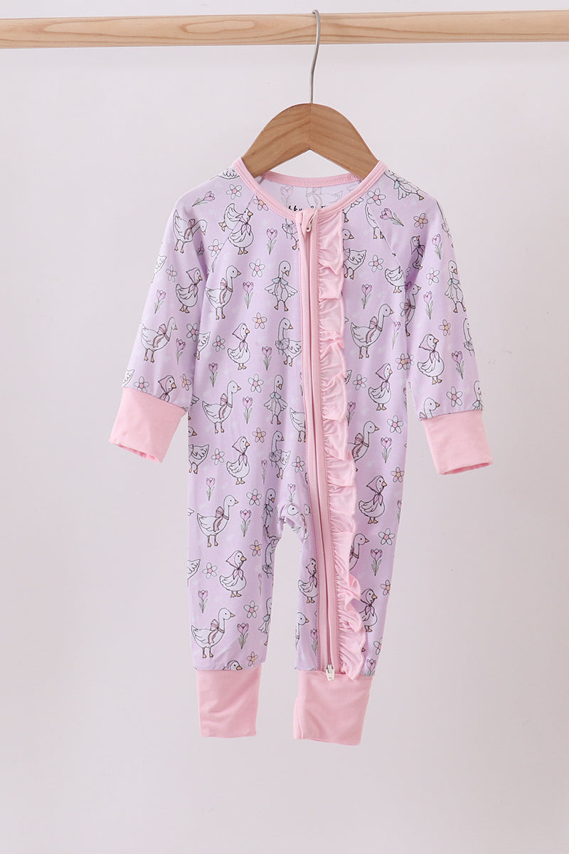 Pink floral bow duck bamboo ruffle zipper romper