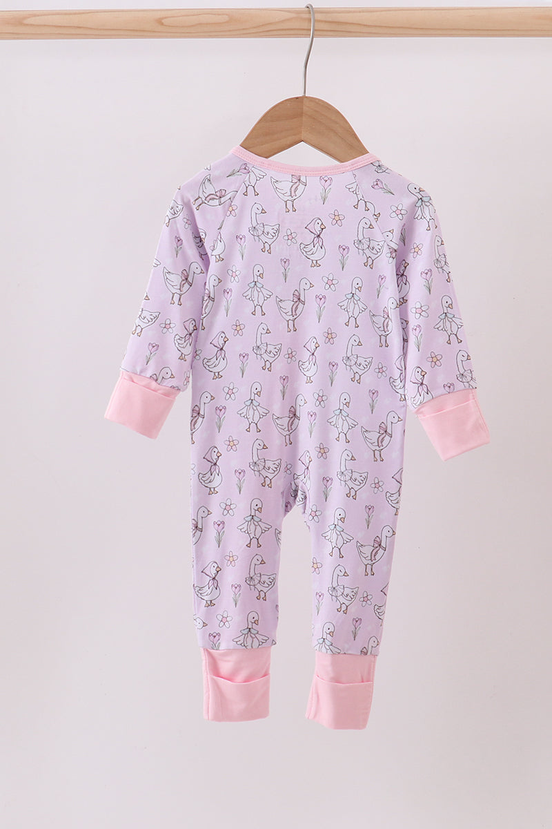 Pink floral bow duck bamboo ruffle zipper romper