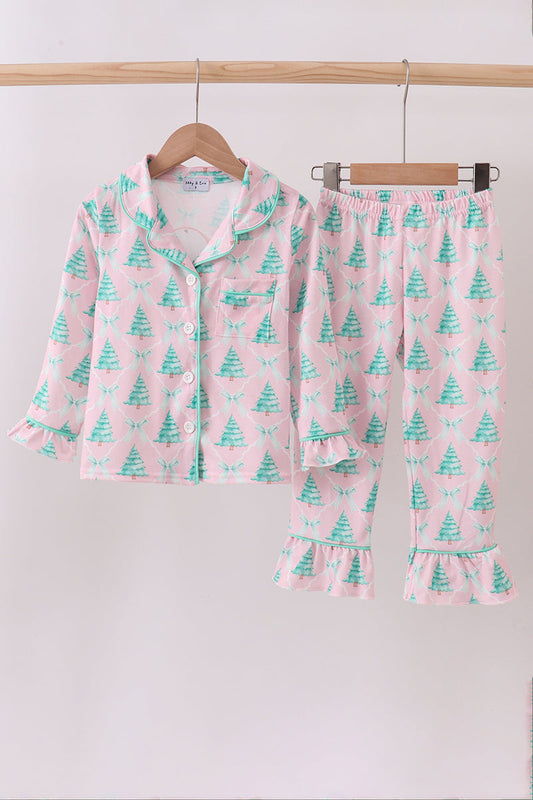 Pink christmas tree ruffle pajama set