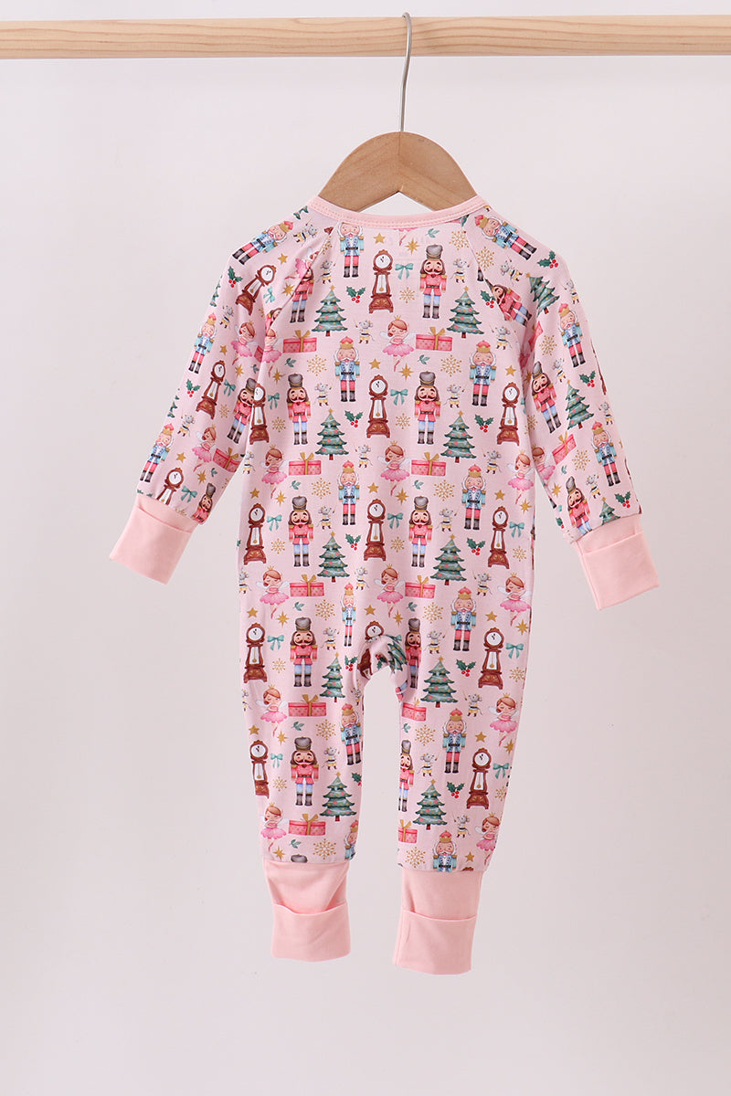 Nutcracker print bamboo ruffle zipper romper