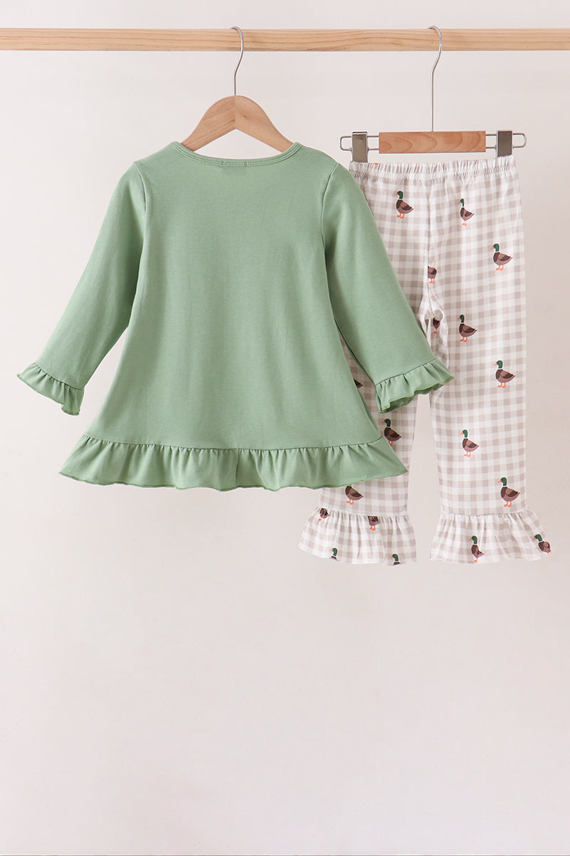Green Duck guack guack Embroidery Ruffle Pants Set
