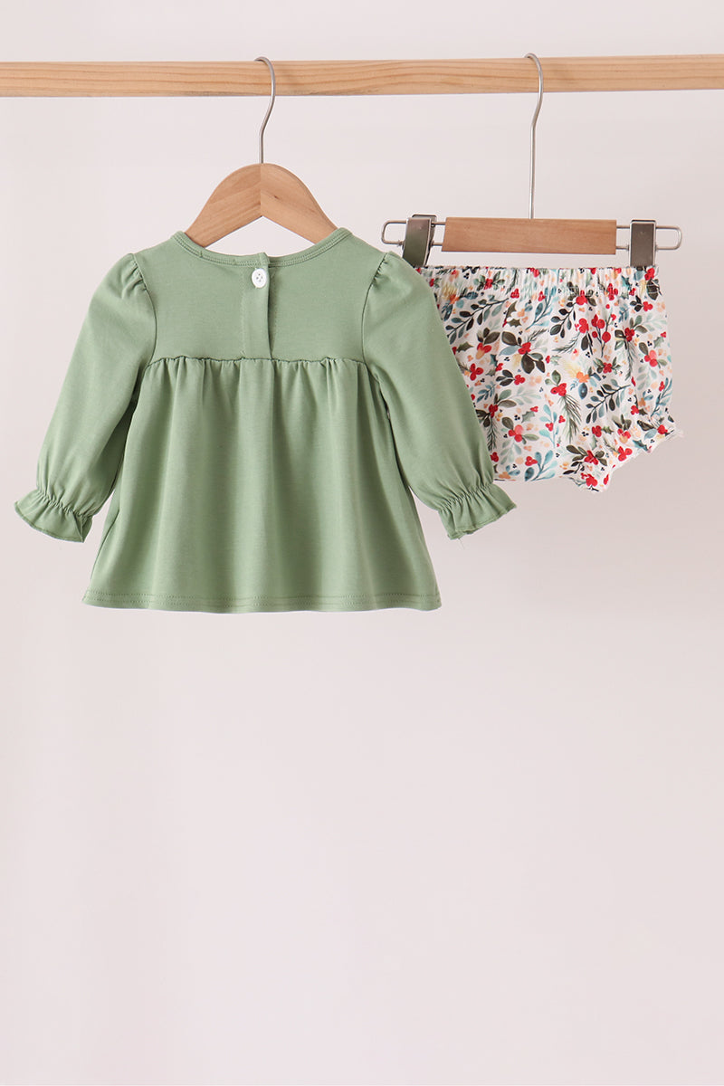 Sage Reindeer Applique Ruffle Bloomer Set