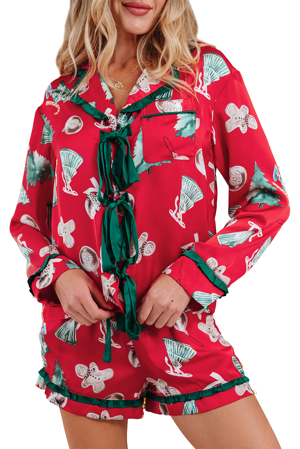 Red Christmas Fashion Print Contrast Ruffle Trim Ribbon Bow Knot 2pcs Pajama Set