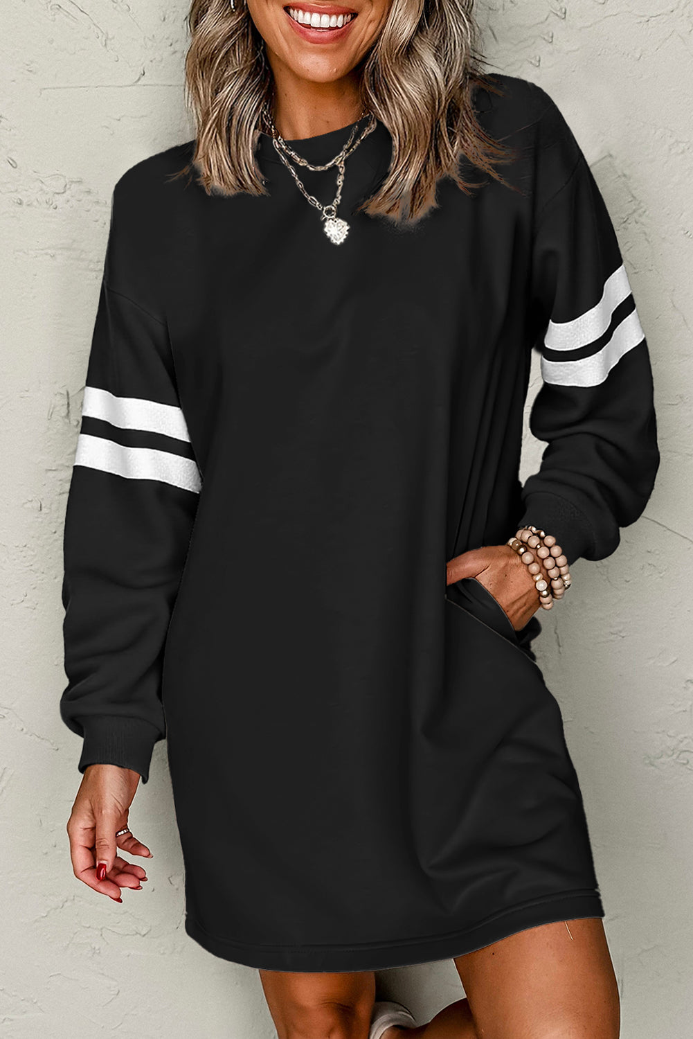 Black Varsity Contrast Banded Sleeve Shift Sweatshirt Dress