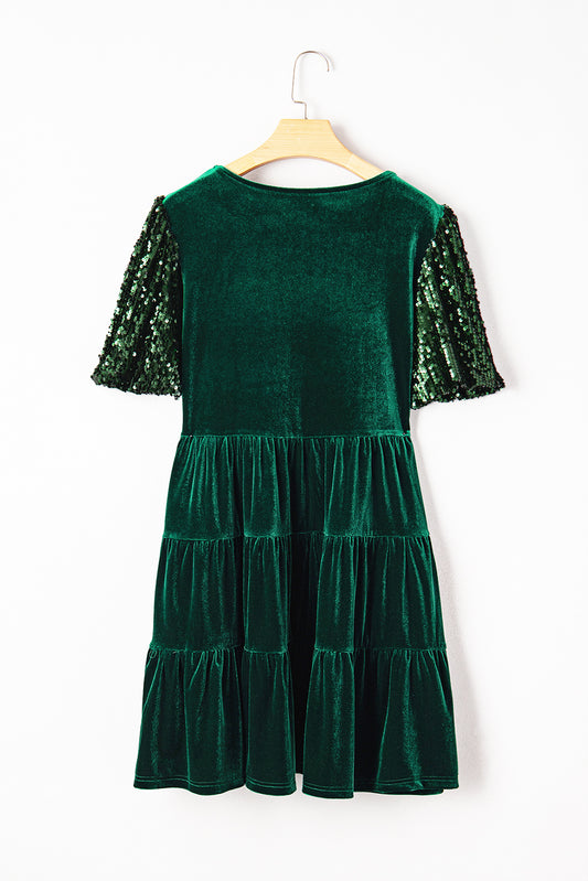 Evergreen Sequin Puff Sleeve High Waist Tiered Velvet Mini Dress
