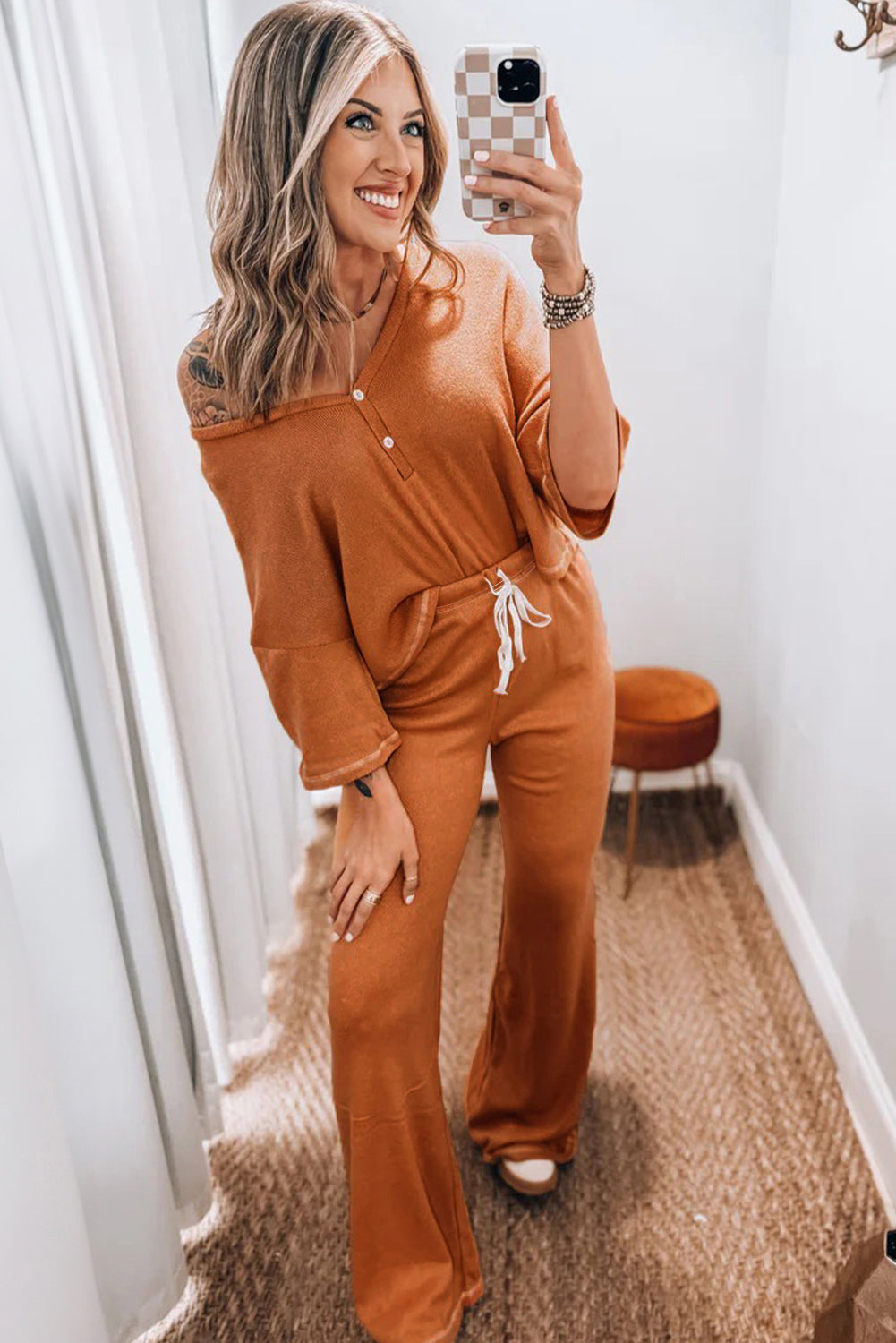 Orange Contrast Stitching Buttoned V Neck Half Sleeve Top and Drawstring Flare Pants Set