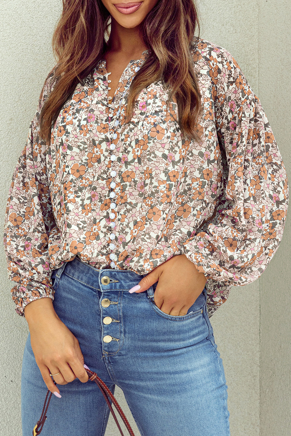 Orange Bohemian Floral Puff Sleeve Full Button Shirt