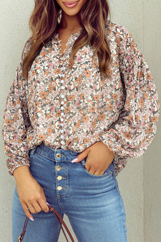 Orange Bohemian Floral Puff Sleeve Full Button Shirt