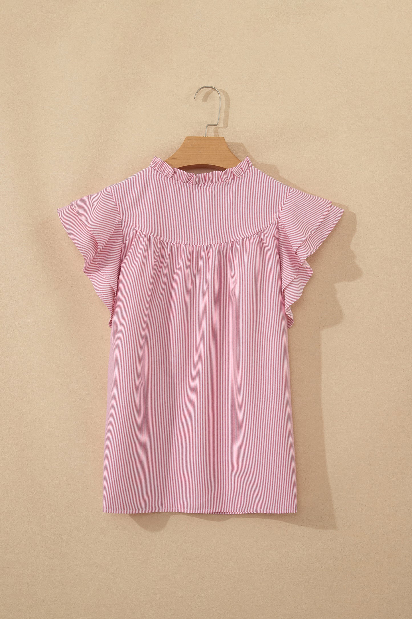 Red Stripe Frilly Split Neck Double Ruffled Short Sleeve Blouse