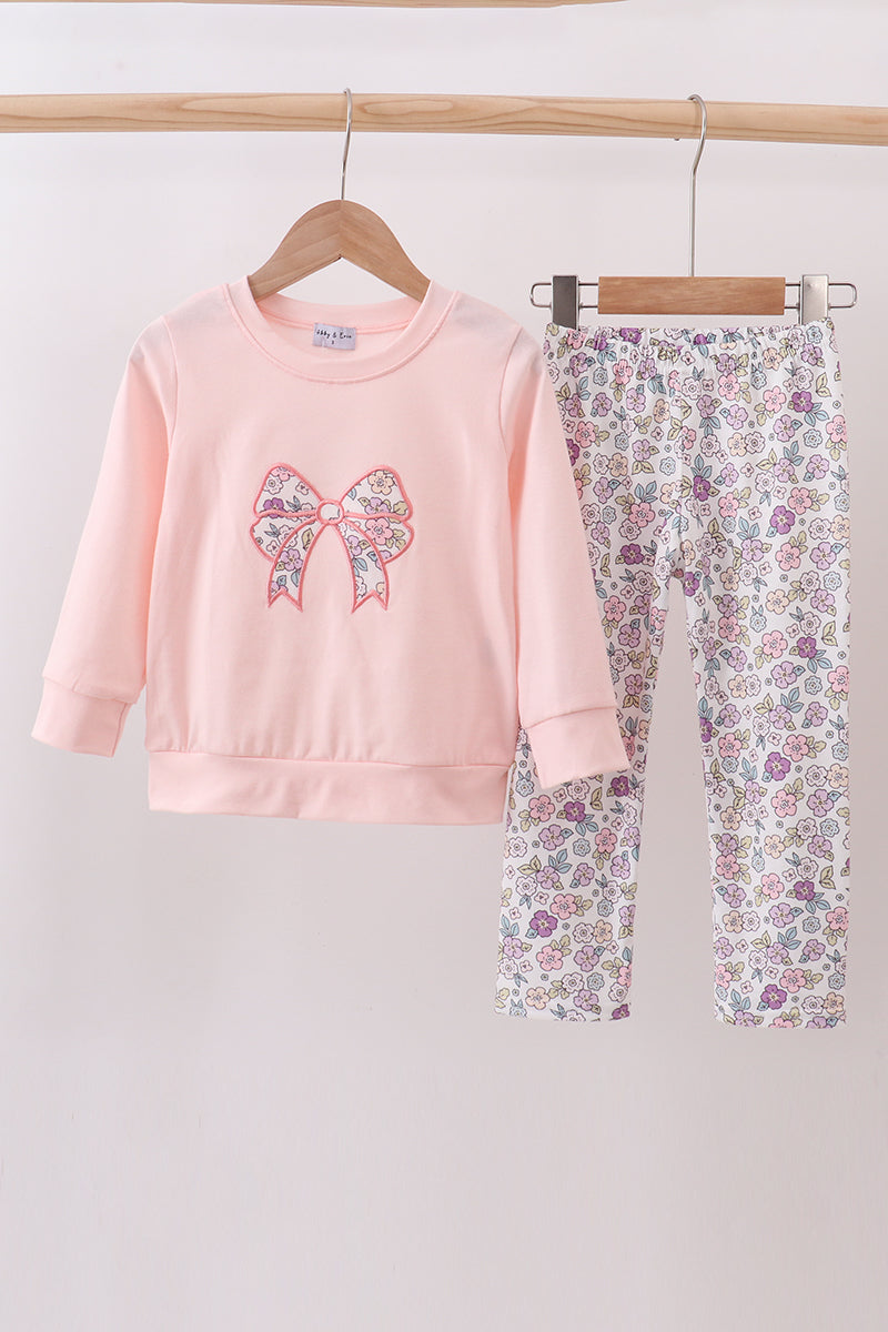 Pink floral bow applique pants set