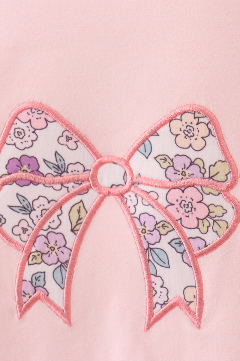 Pink floral bow applique pants set