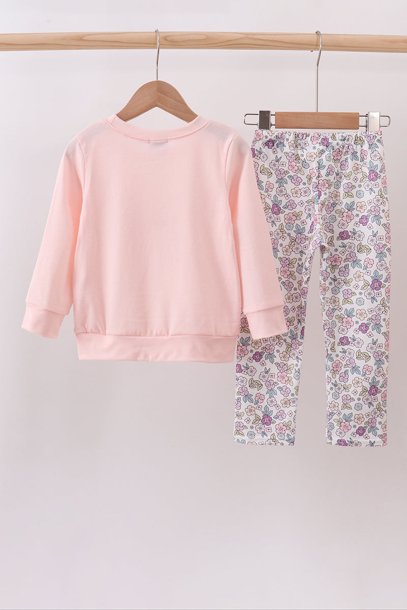 Pink floral bow applique pants set