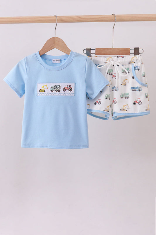 Blue car embroidery shorts set
