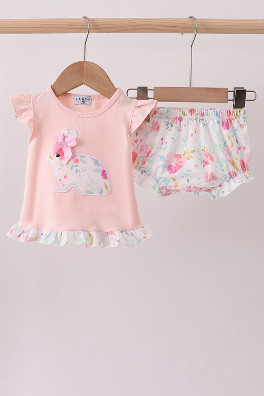 Pink floral bunny applique bloomer set