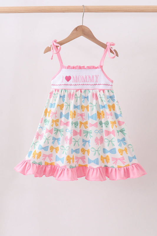 Pink bow I love MOMMY smocked ruffle dress