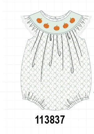 Sage pumpkin embroidery bow ruffle bubble
