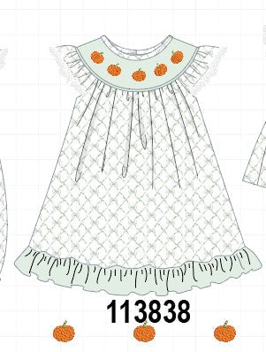 Sage pumpkin embroidery bow ruffle dress