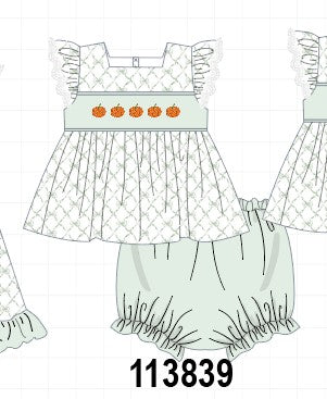 Sage pumpkin embroidery bow ruffle bloomer set