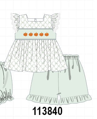 Sage pumpkin embroidery bow ruffle shorts set