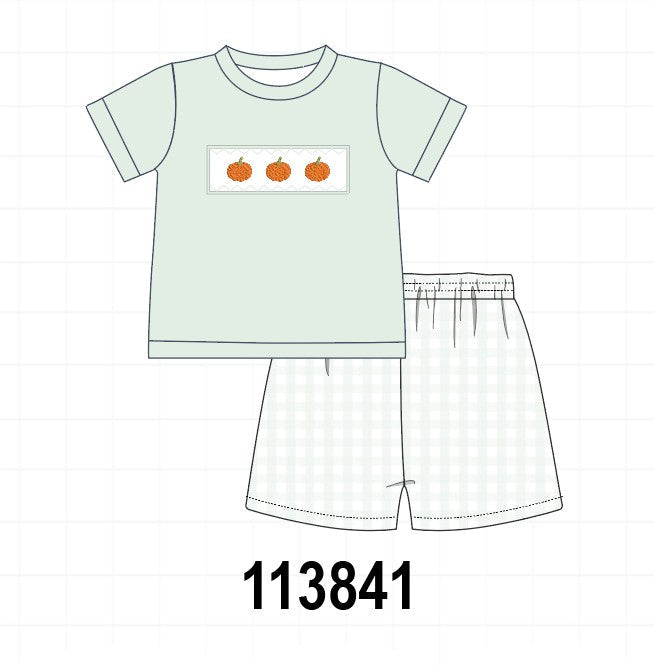 Sage pumpkin embroidery shorts set