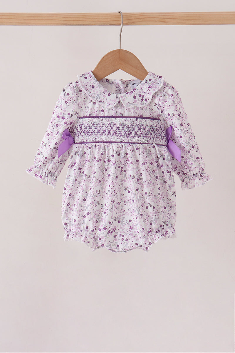 Purple floral smocked bow bubble