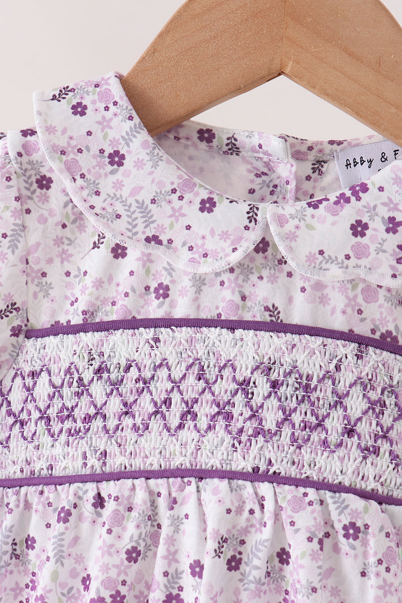 Purple floral smocked bow bubble
