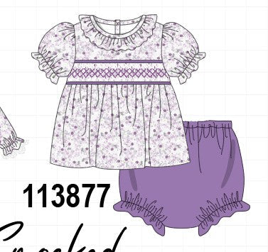Purple floral smocked ruffle bloomer set