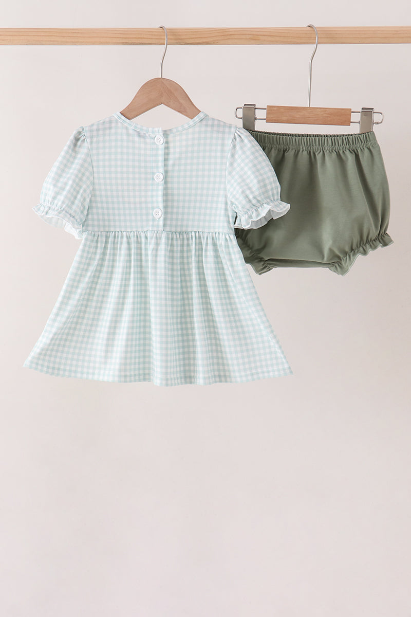 Sage pumpkin smocked gingham bloomer set