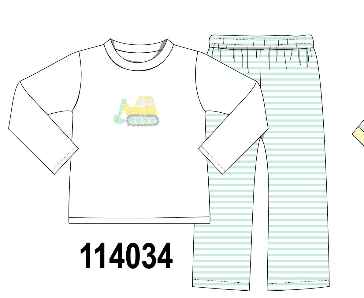 Green excavator french knot stripe pants set