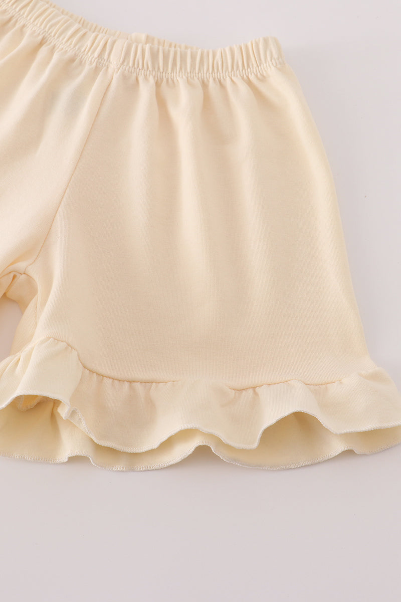 Neutral plaid french knot ruffle shorts set