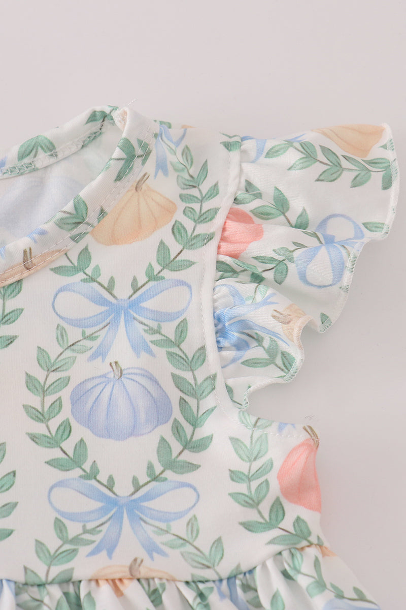 Green bow print ruffle pants set