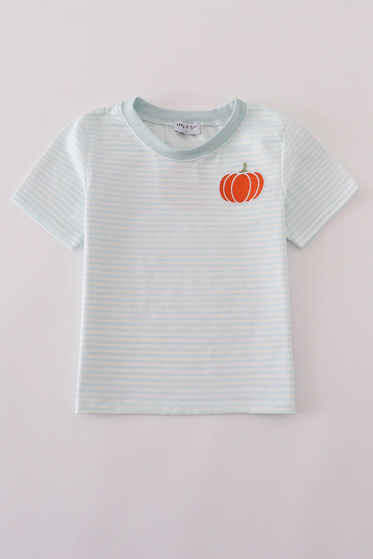 Blue pumpkin embroidery stripe top